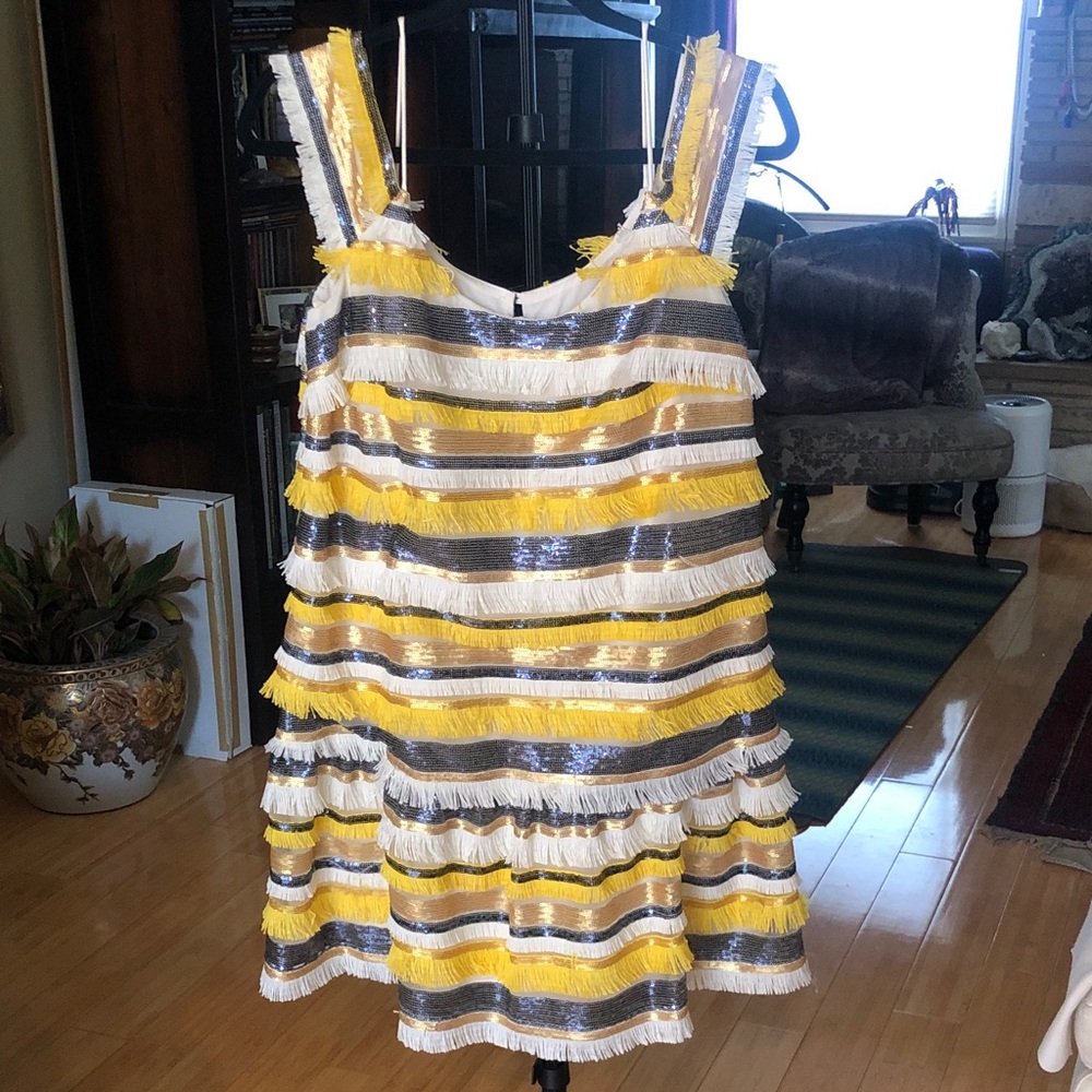 Nicole Miller Artelier Yellow Stripe Fringe Mini Dress - Sleeveless